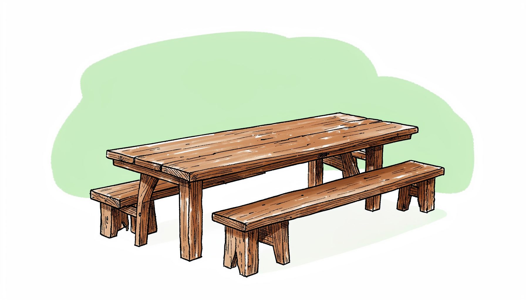 Hand-drawn ink illustration of a long rustic wooden dining table with matching benches in a bright room, warm brown tones