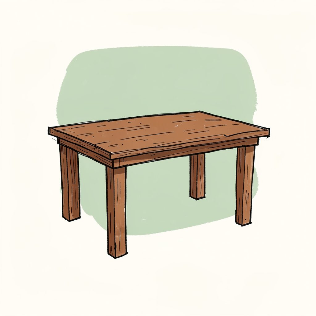 Hand-drawn ink illustration of a simple wooden dining table, warm brown tones on a cream background