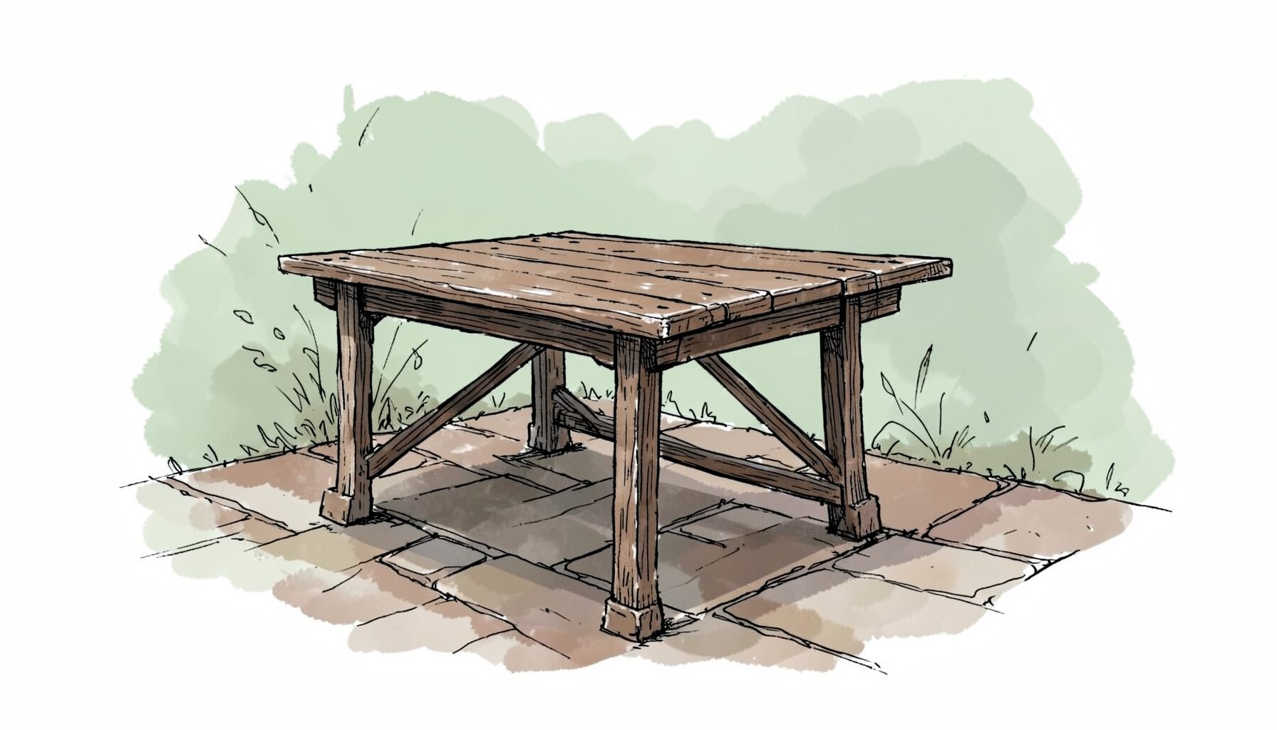 A hand-drawn ink illustration of a sturdy wooden patio table on a stone terrace, with weathered brown tones and soft sage foliage in the background