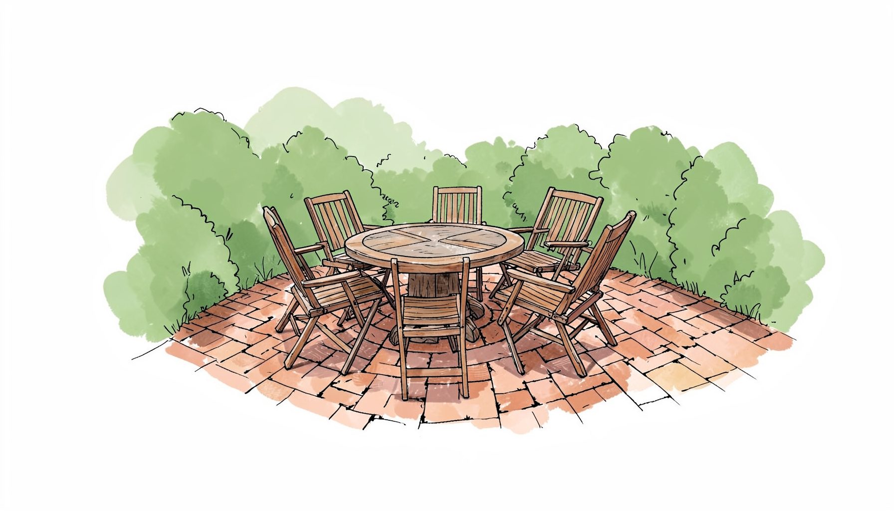 A hand-drawn ink illustration of a brick patio with a round fire-pit table ringed by wooden and metal chairs, surrounded by soft green hedges in warm earthy tones