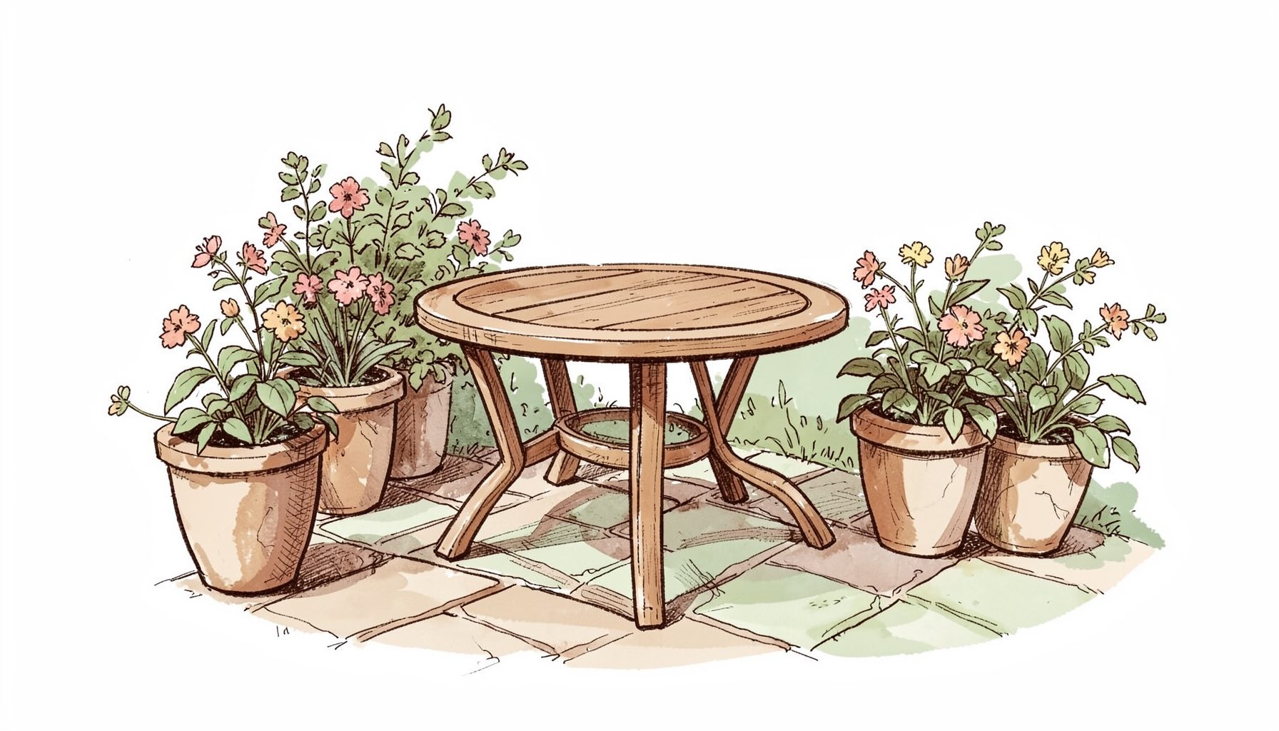 A hand-drawn ink sketch of a round wooden patio table set among flowering planters and a stone walkway, rendered in warm browns and gentle greens
