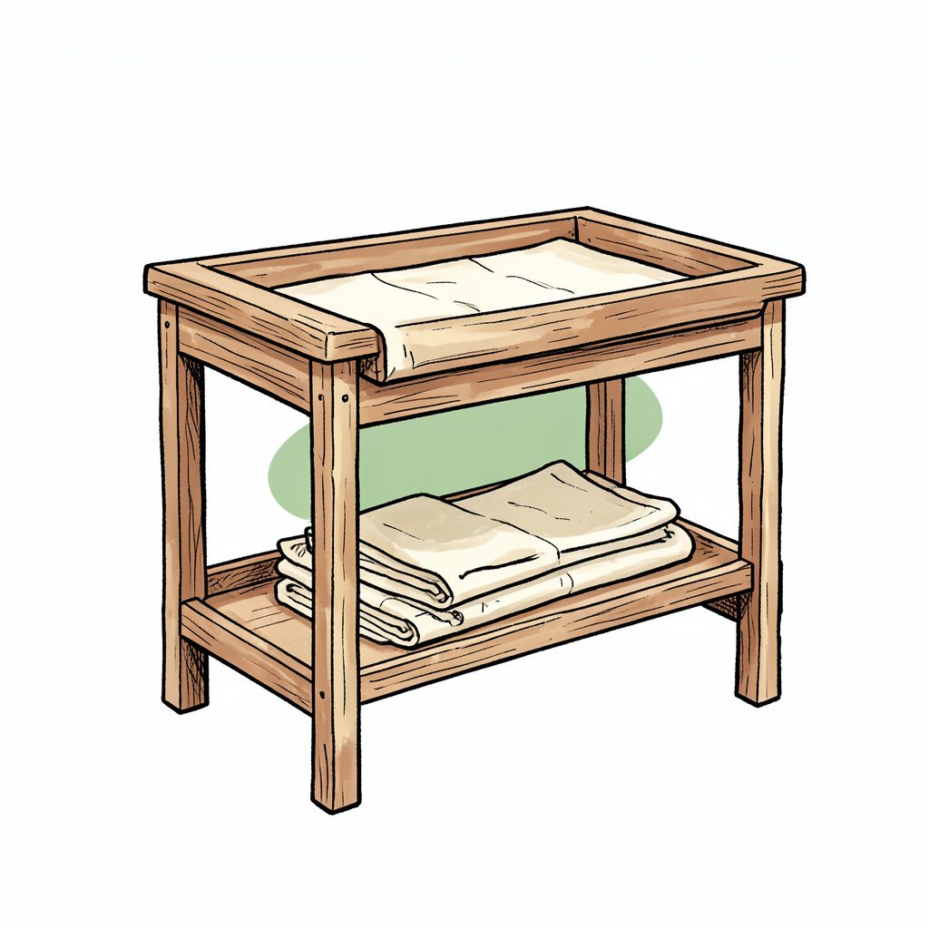 Hand-drawn ink illustration of a wooden changing table with open shelves and soft folded linens, warm cream and light brown tones
