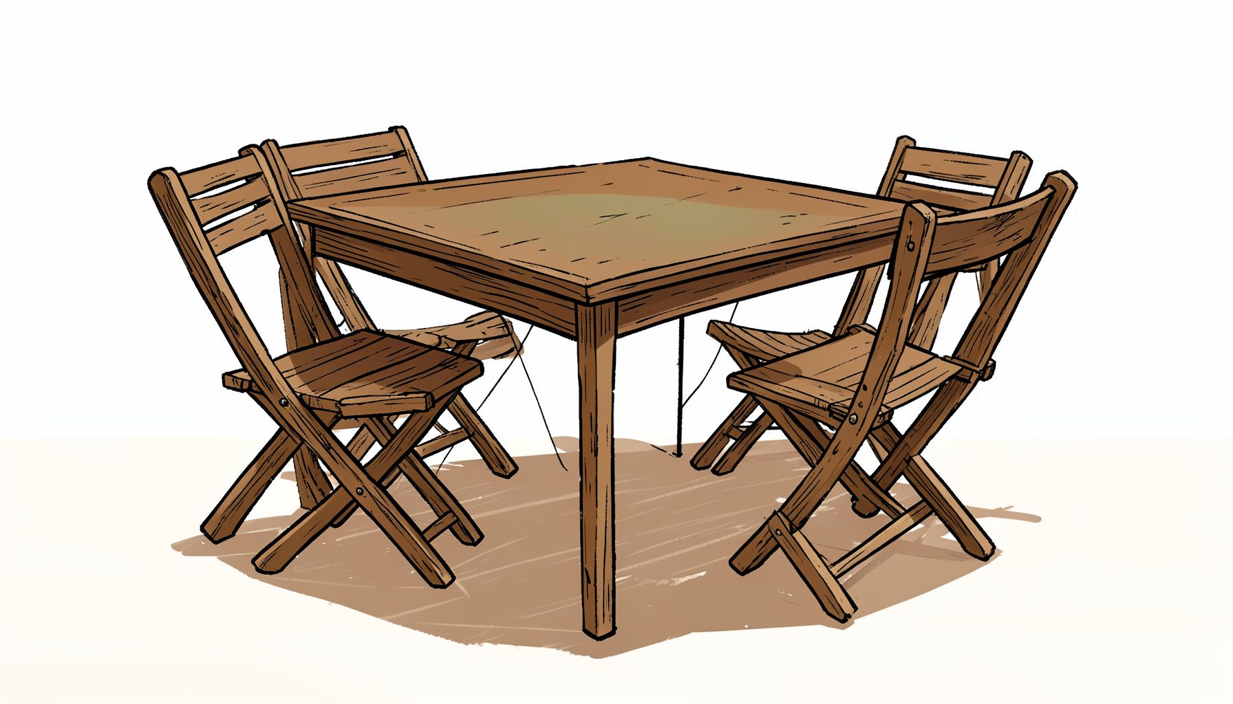 A hand-drawn style wooden drop-leaf table with folding slatted chairs tucked to the sides, brown wood tones, set on a plain hardwood floor.