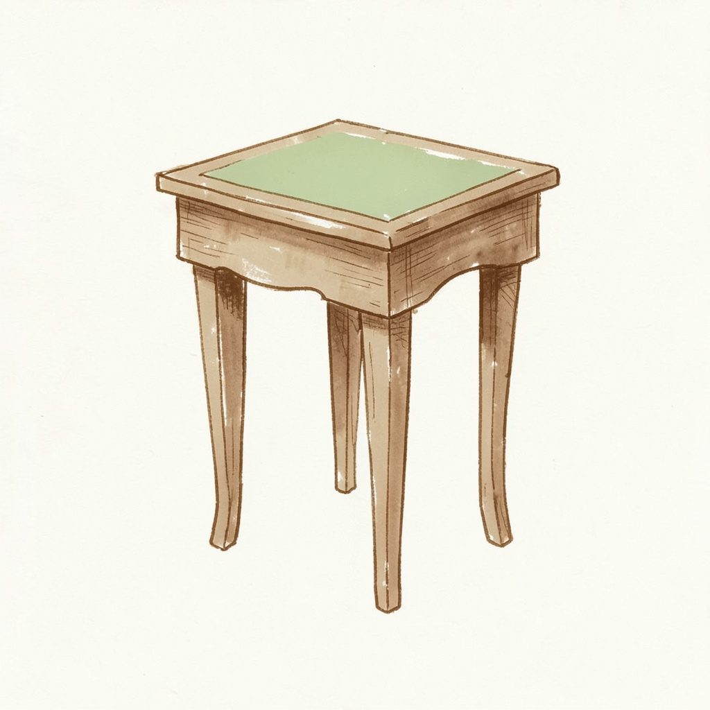 Hand-drawn ink illustration of a small wooden side table with a curved apron and slender legs, sketched in warm sepia ink on cream paper, soft and inviting.