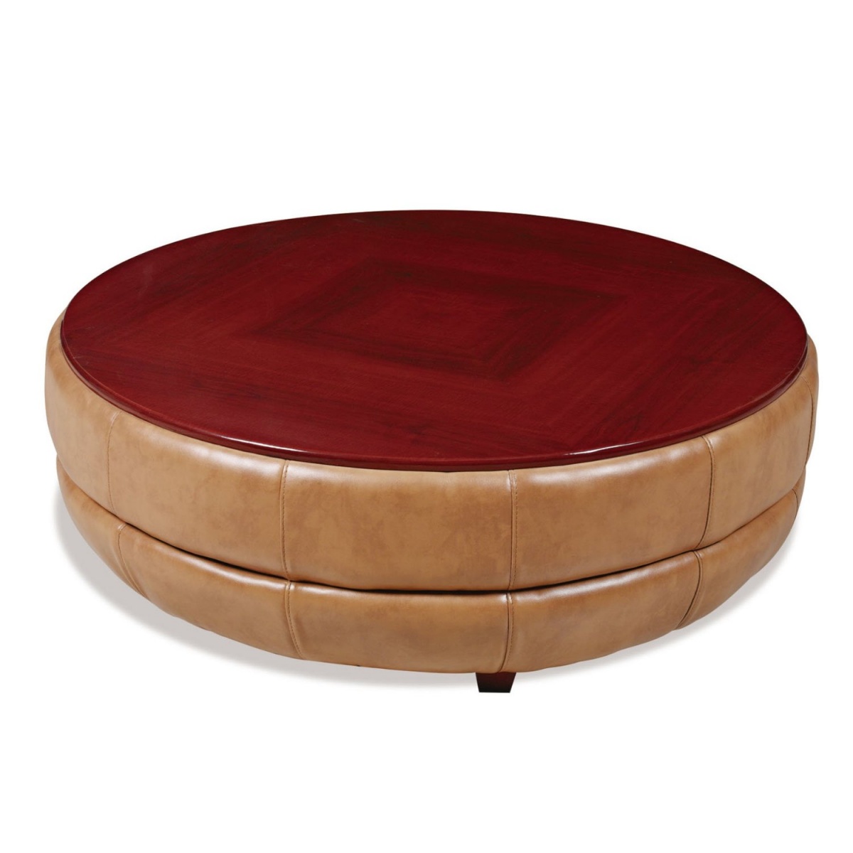 Hand-drawn ink illustration of a round ottoman-style coffee table with dark wood top and tufted sides, warm brown and muted gold linework on pale cyan background.