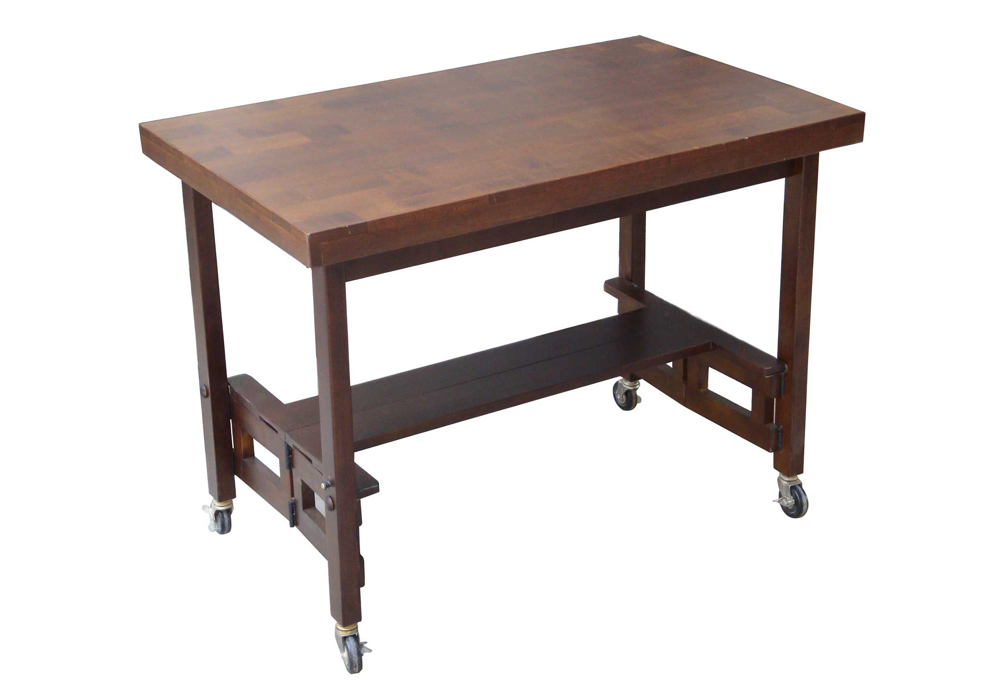 Small wooden rolling cart table with wheels, dark brown wood tones, plain white background