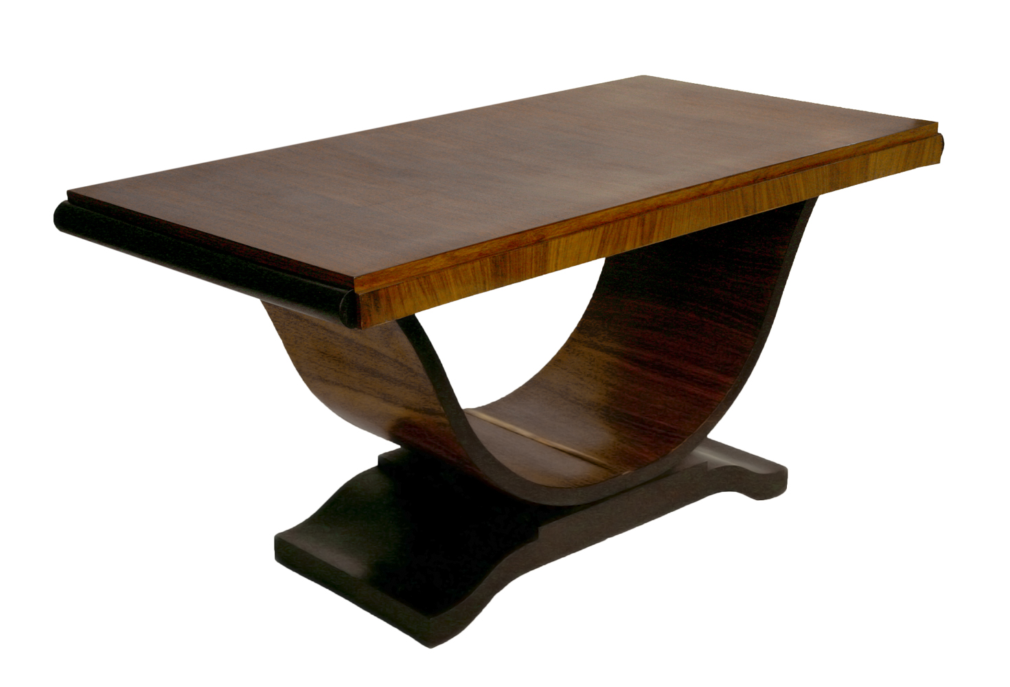 Hand-drawn ink illustration of a polished wood coffee table with a curved pedestal base and two-tone wood grain top, warm brown tones on a white background.